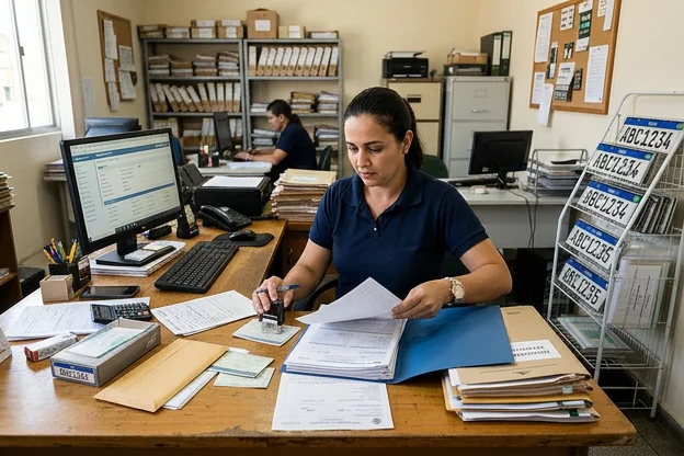 Profissional organizando documentos para emplacamento de veículo,