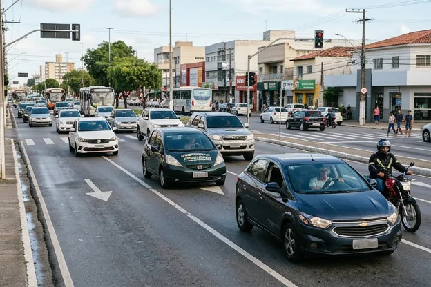 Trânsito em Campina Grande com motoristas atentos às regras de trânsito.